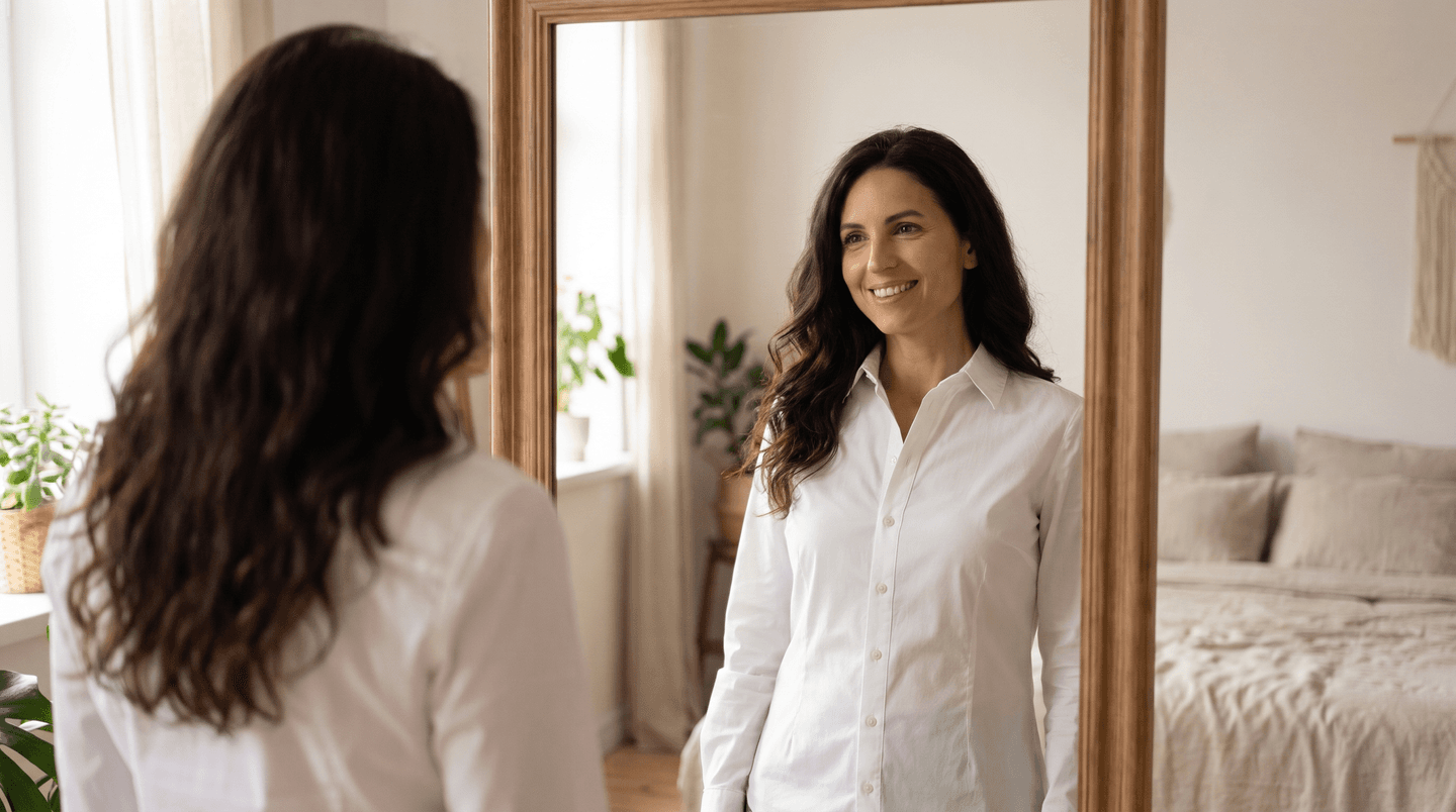 A full-busted woman in a fitted button-up shirt with every button lying flat