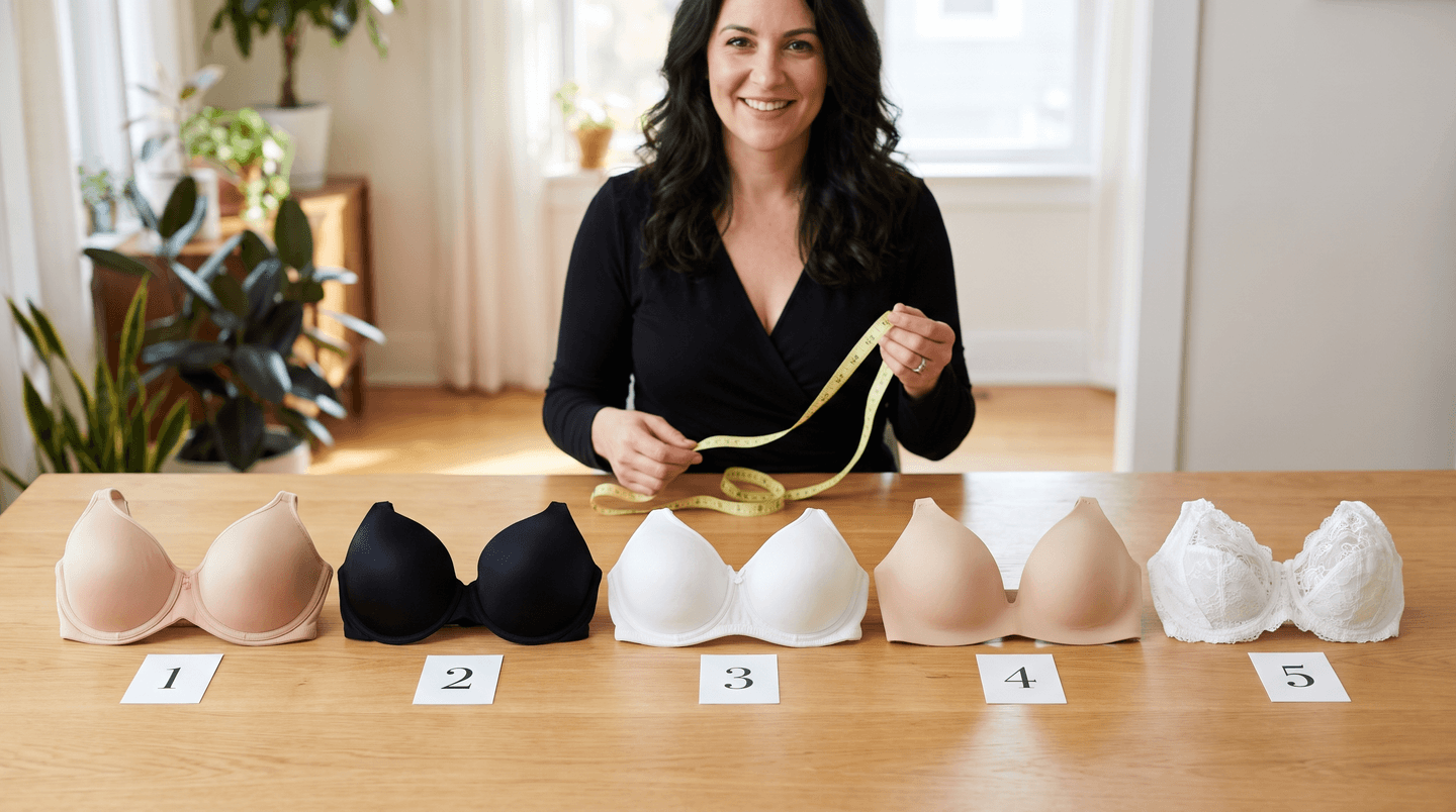 Five full-bust bras lined up with numbered score cards on a fitting-room table