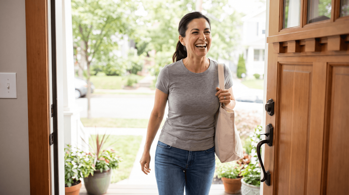 A full-busted woman in her fifties in a fitted white T-shirt, standing side-on and smiling