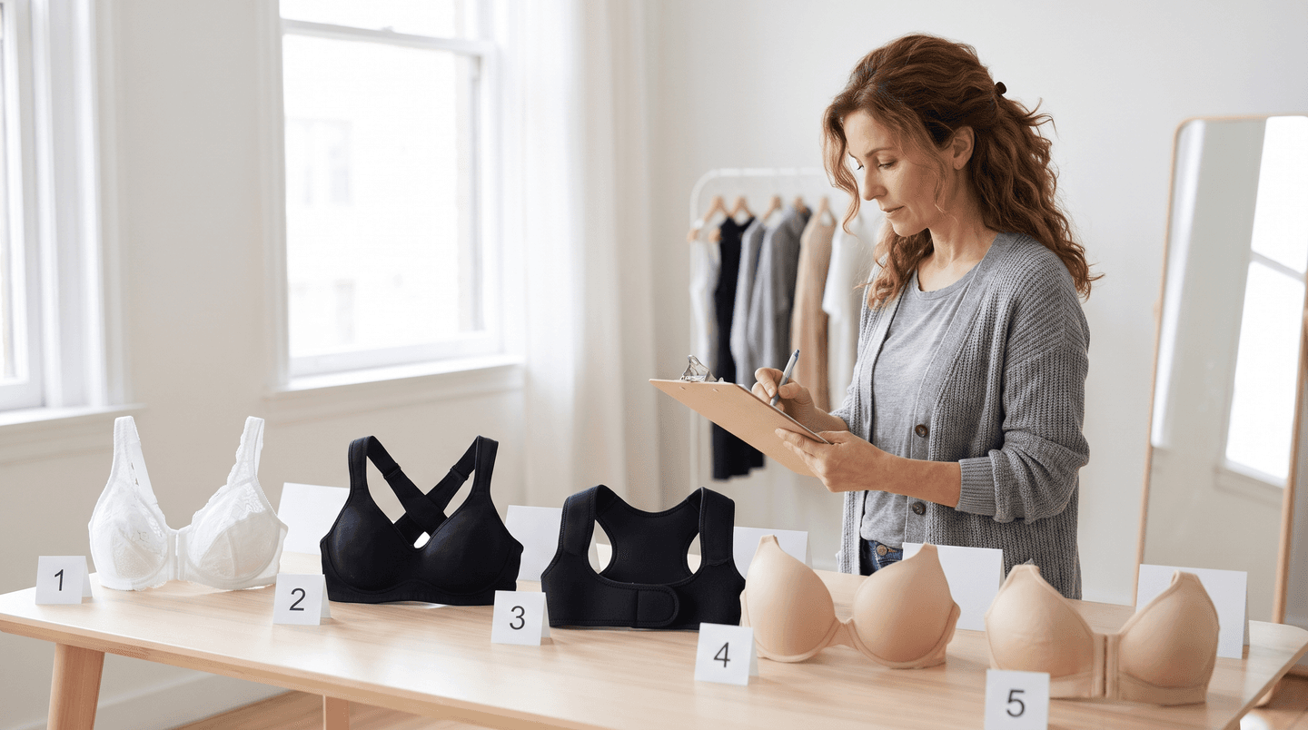 Five posture bras laid out beside a physio’s tape measure and numbered score cards