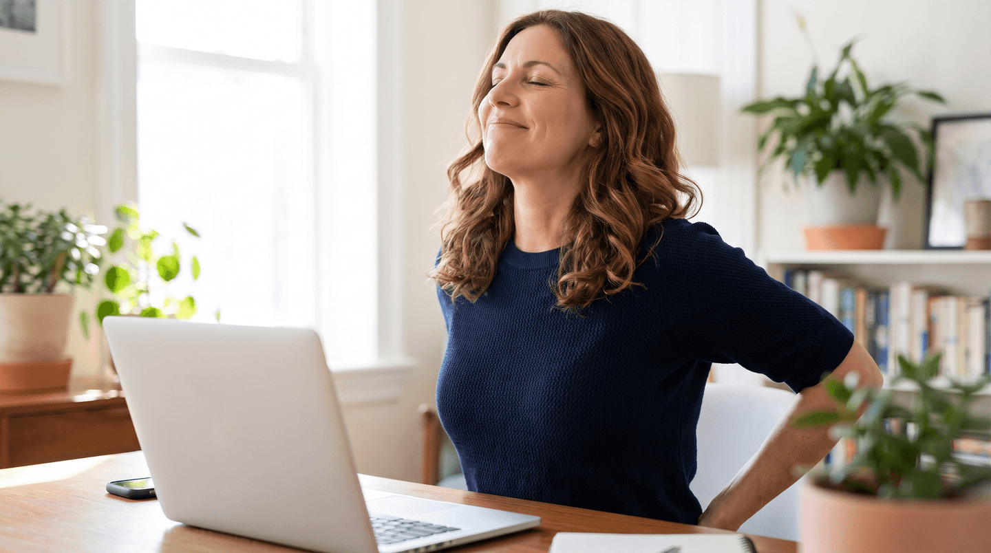A full-busted woman in her fifties rolling her shoulders back with relief