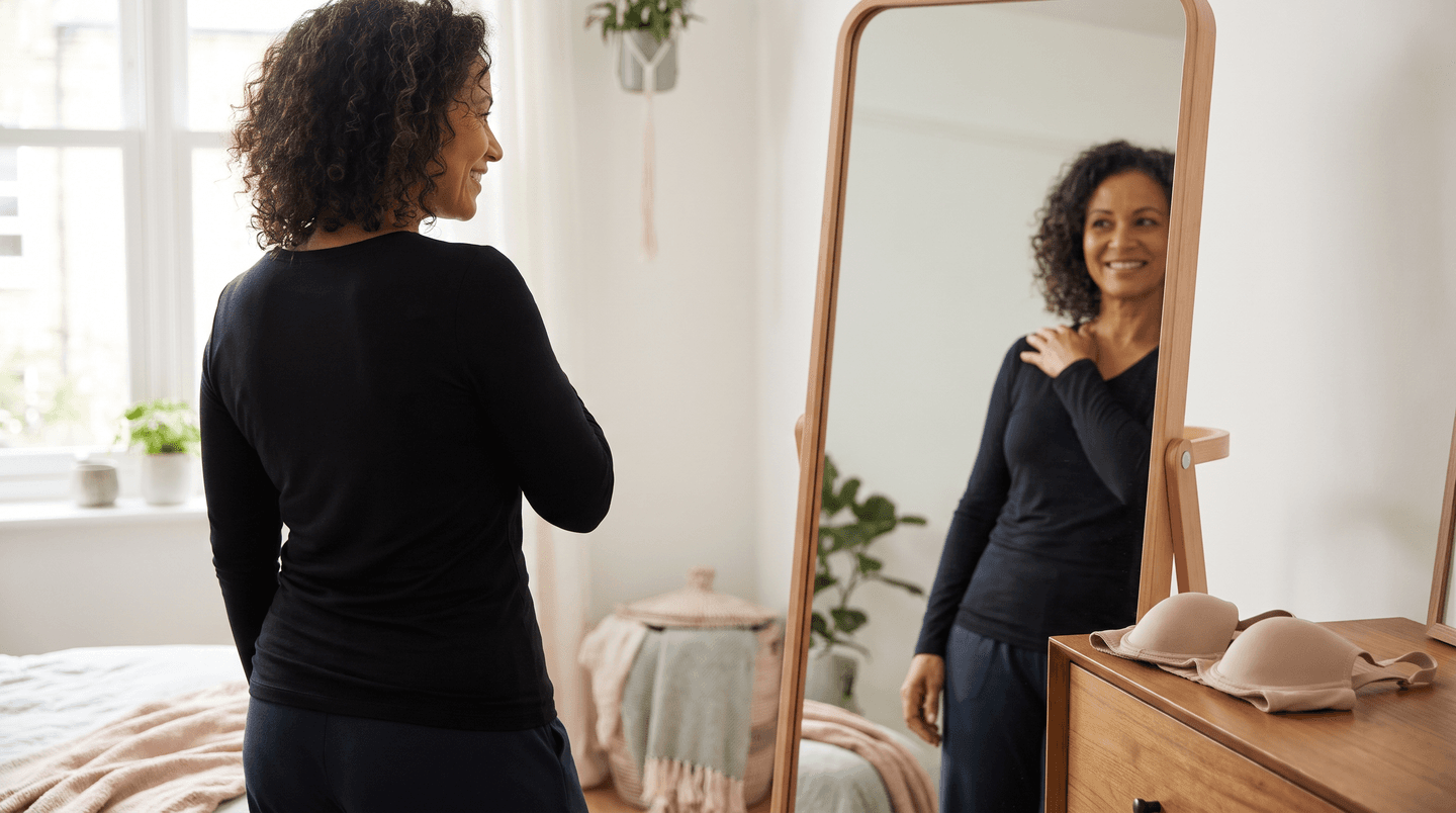 A woman checking her smooth back in a fitted black top in the mirror