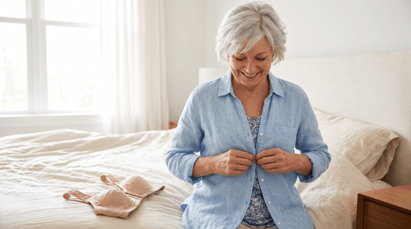 A woman in her sixties easily fastening a front-closure bra in front of a mirror