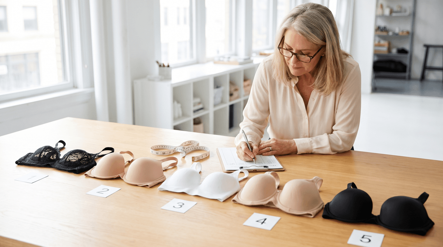 Five bras lined up with numbered score cards on a testing table