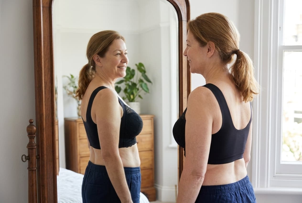 Same woman, same T-shirt, a completely different shape