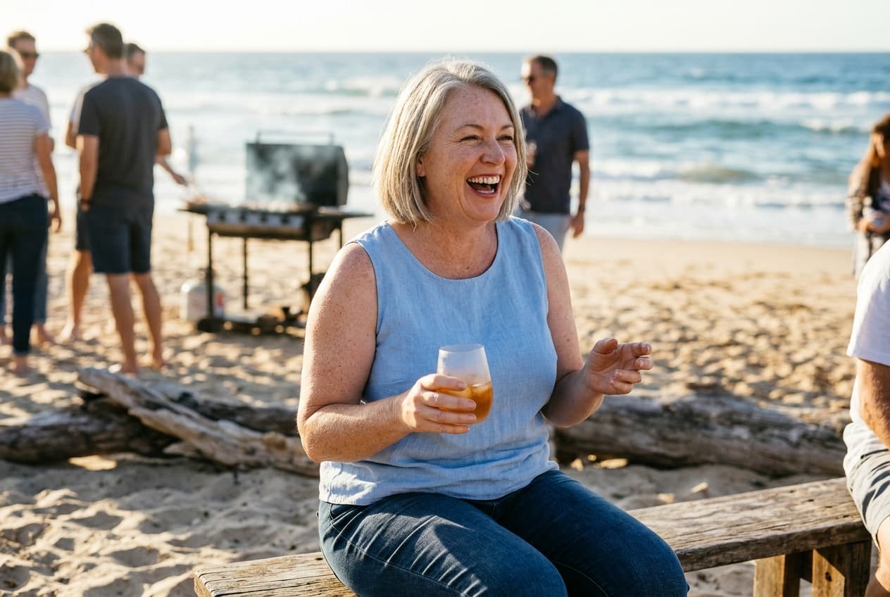 Back at the barbie in a sleeveless top, not hiding
