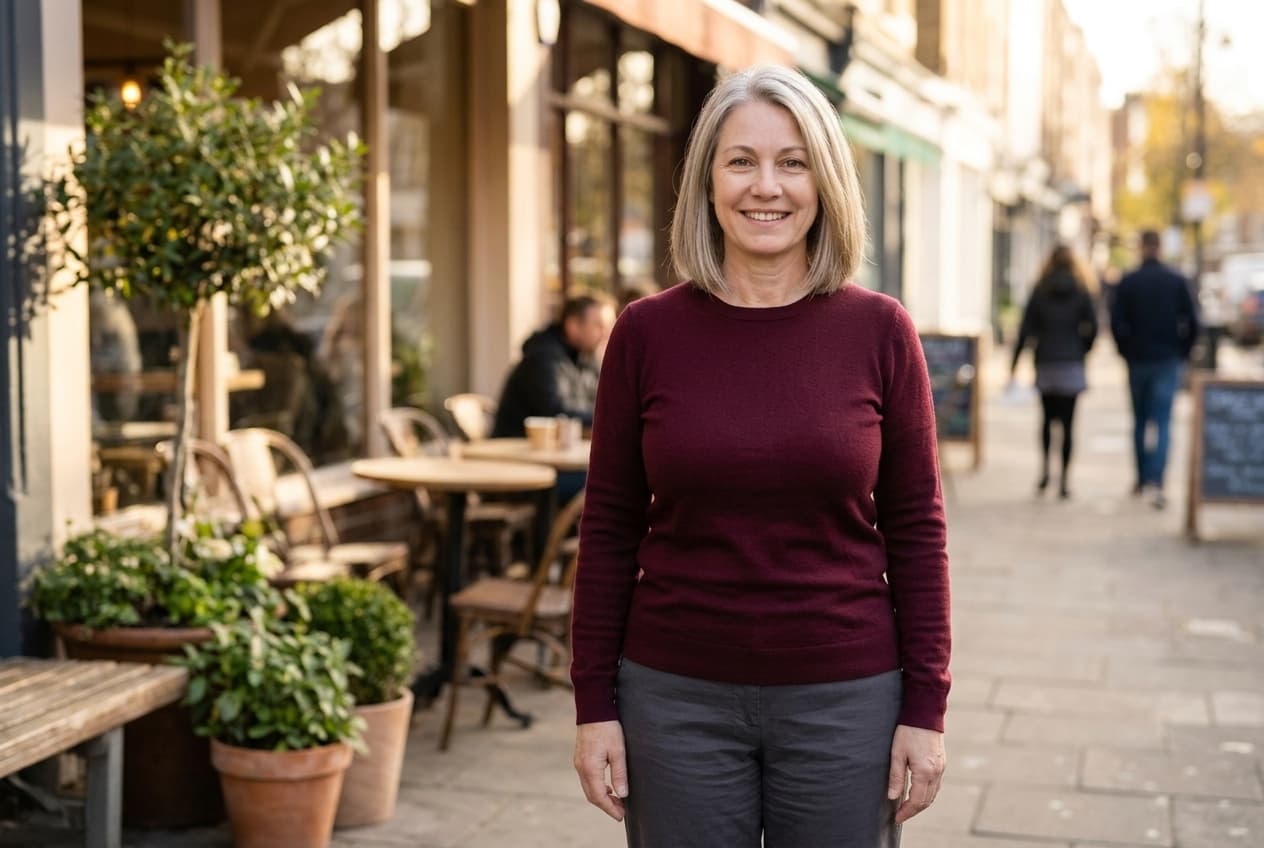 Back in a fitted jumper, standing tall, feeling like herself again