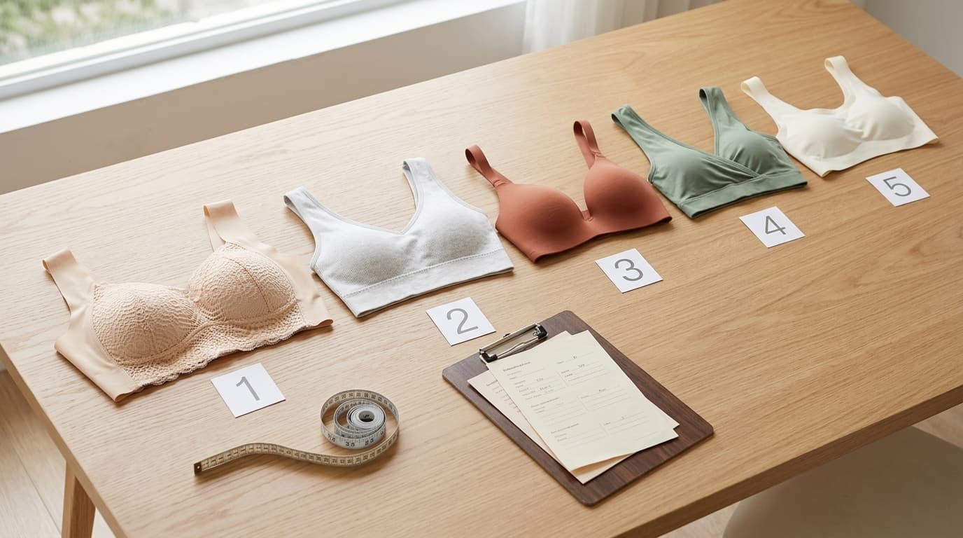 The five finalist Sloggi Zero Feel alternatives on a testing table with numbered score cards