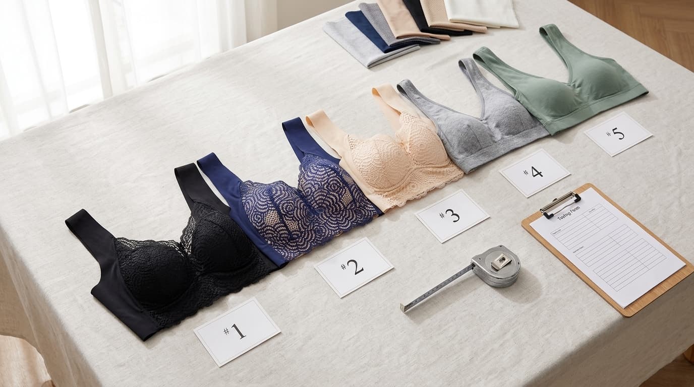 Five finalist wire-free bras on a testing table with numbered score cards