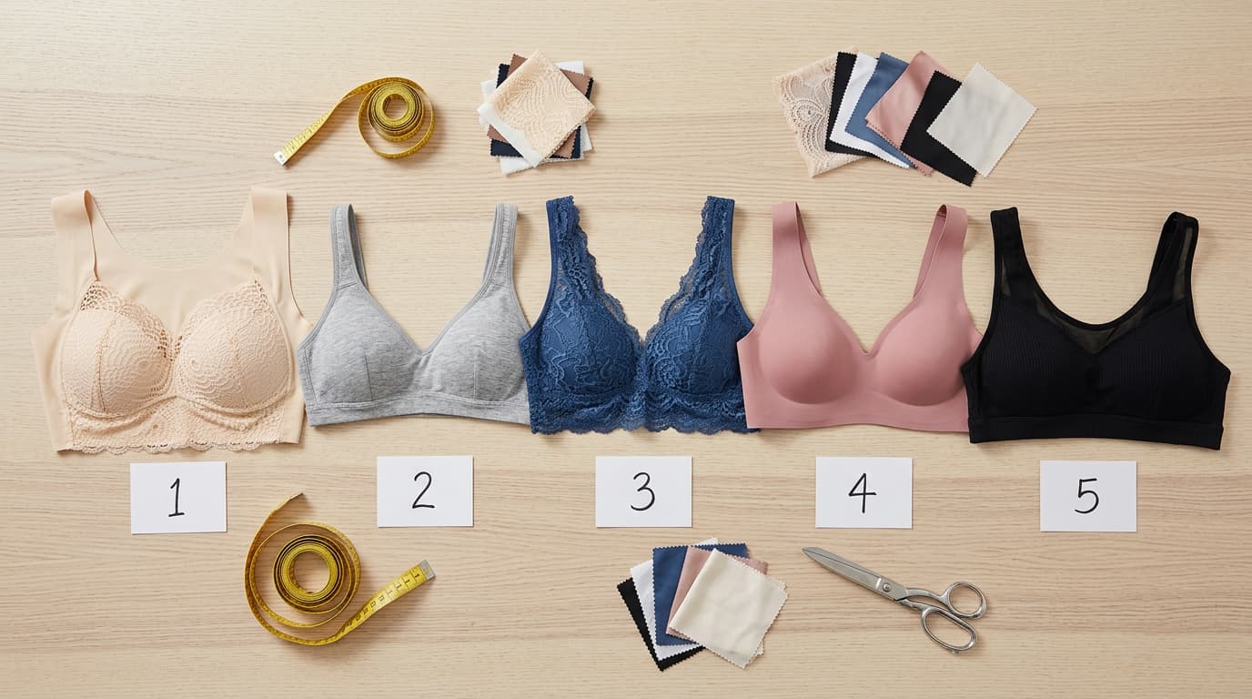The five finalist bras for back bulge on a testing table with numbered score cards
