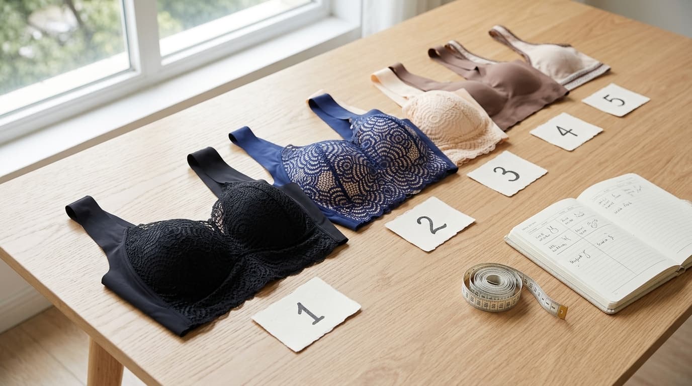 Five wire-free bras on a testing table with numbered score cards