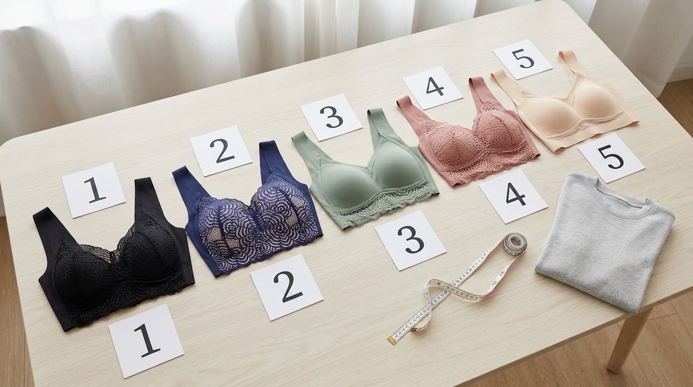 Five wire-free smoothing bras on a testing table with numbered score cards