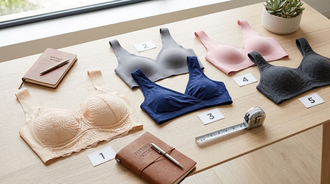 Five finalist pull-on and no-hook bras on a testing table with numbered score cards