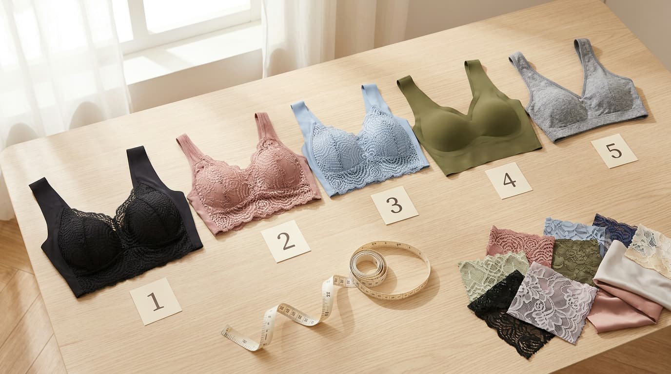 The five finalist wireless bras on a testing table with numbered score cards
