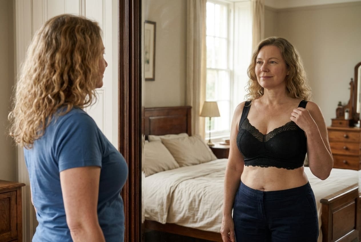 Same woman, same blouse, side by side in the mirror