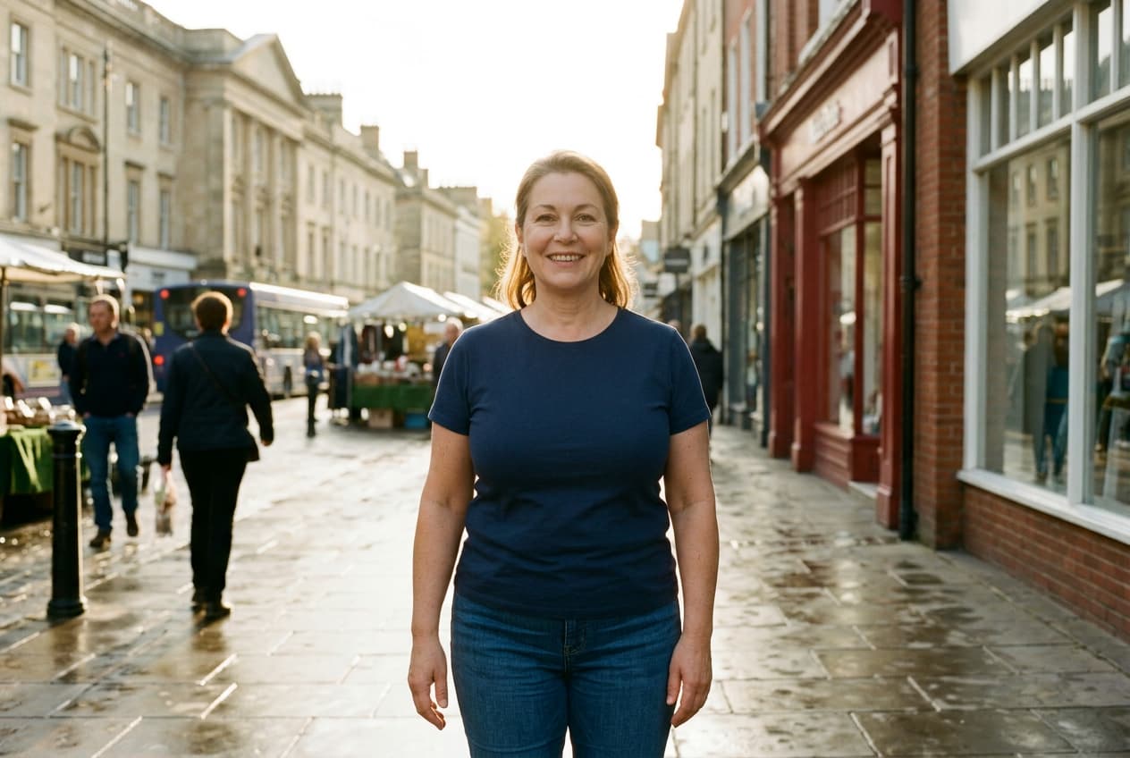 Standing tall in a fitted top on the high street again