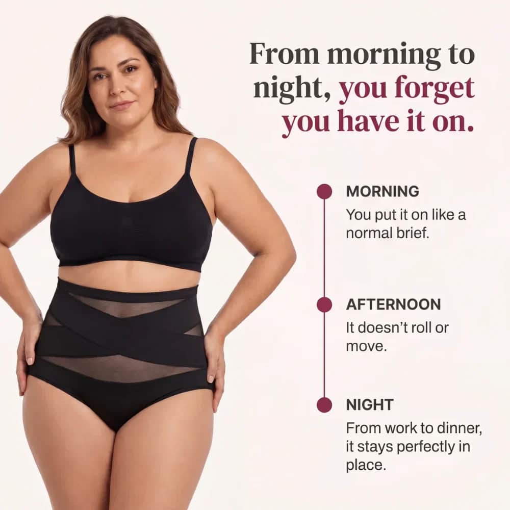 Woman wearing the black ShapeChic Sculpt Brief, which stays in place from morning to night