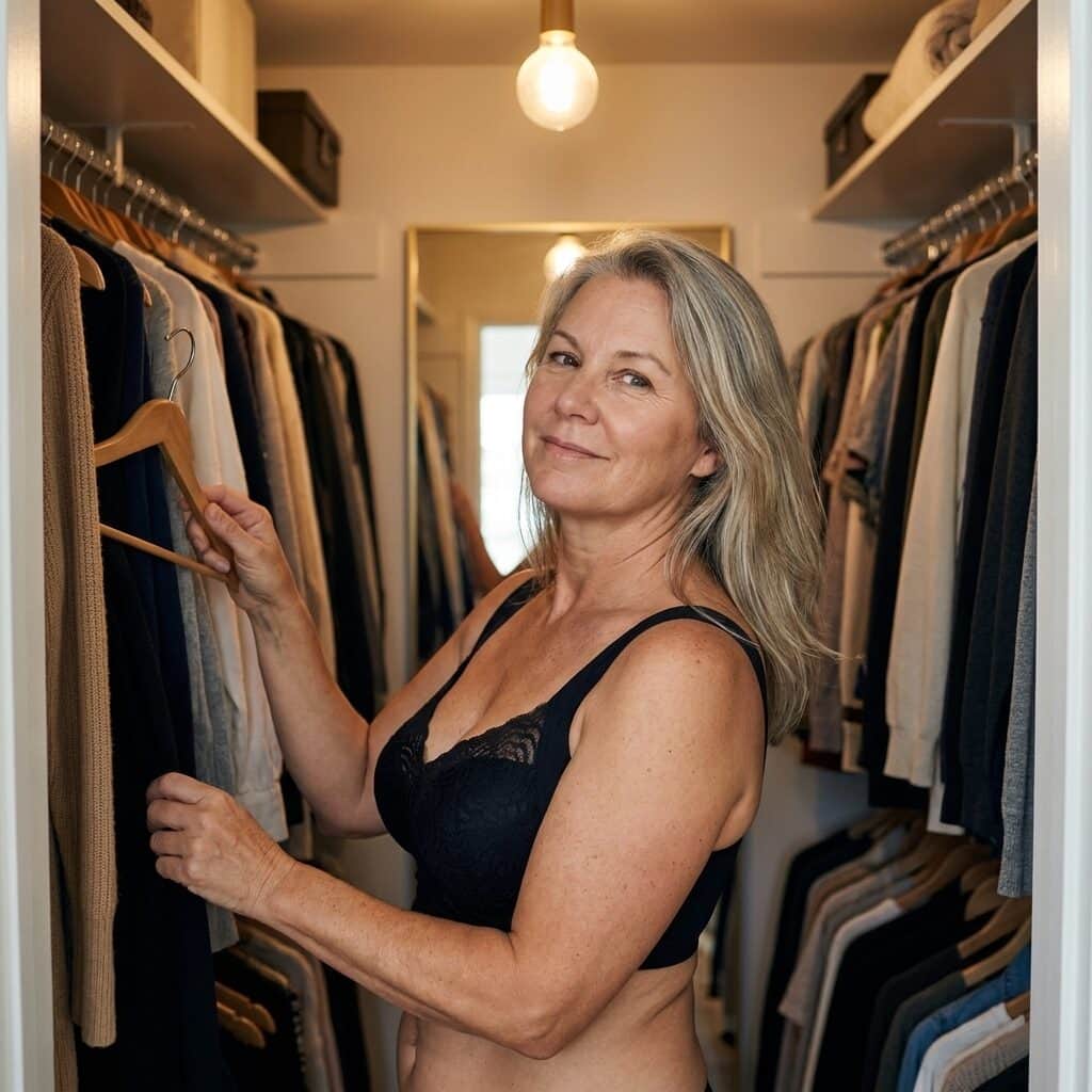 Confident woman over 40 wearing the black ShapeChic Original Bra in her wardrobe