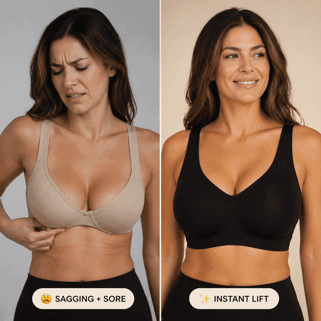 Sagging and sore vs. instant lift, with no wire